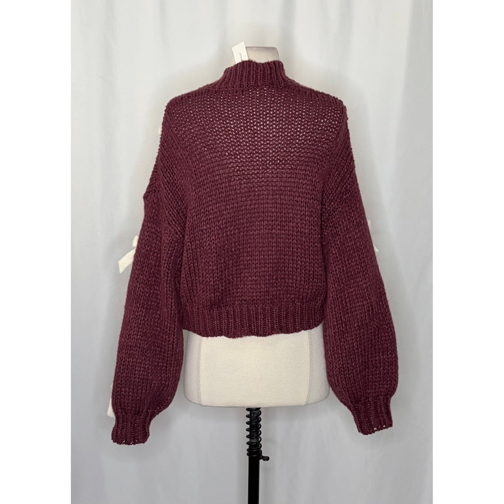 NWT!! Anthropologie MAEVE The Alicia 3D Bow Cropped Cardigan Dark Wine One Size
