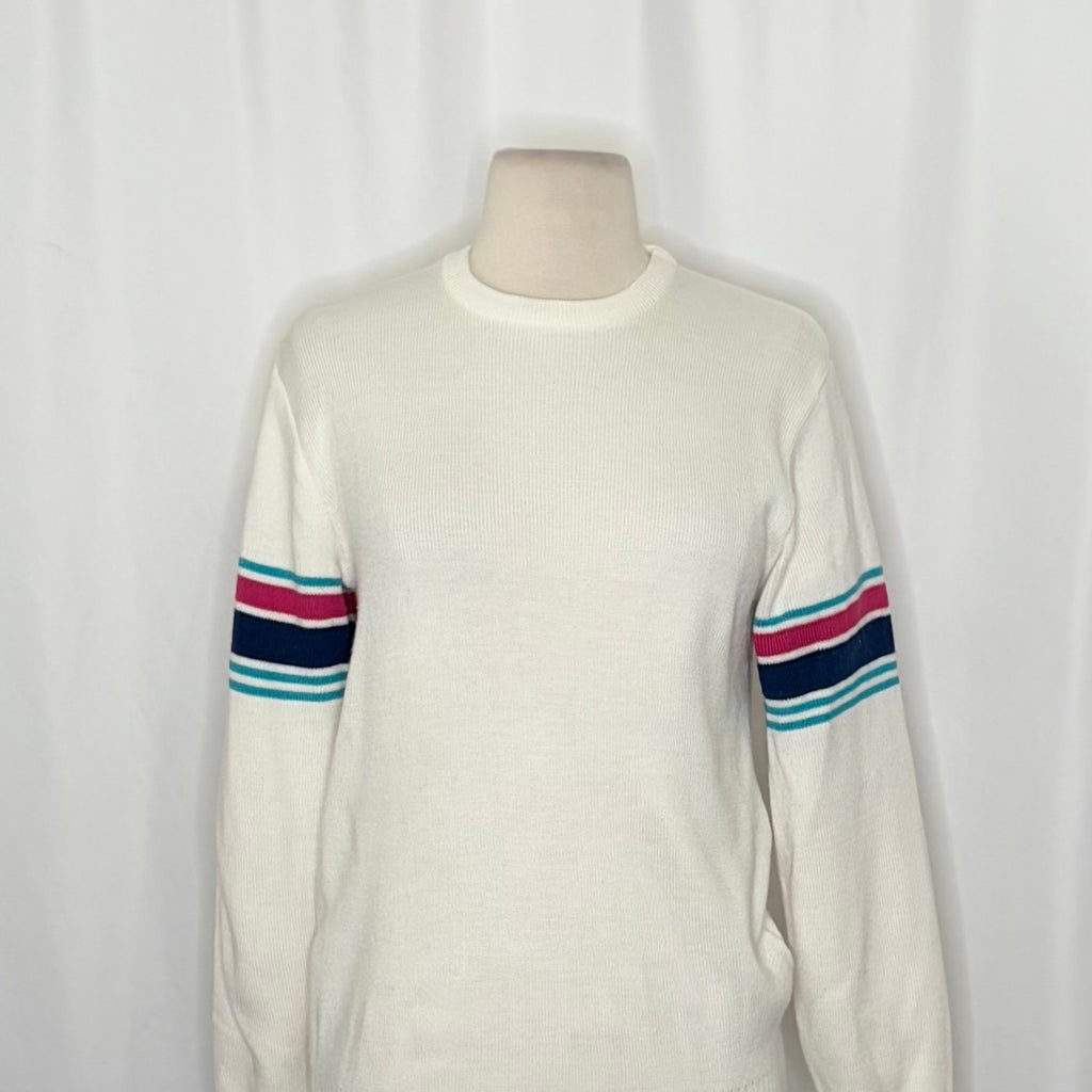 Vintage MEISTER White Stripe Sleeves Sweater Pullover Knit Sporty Outdoors Small
