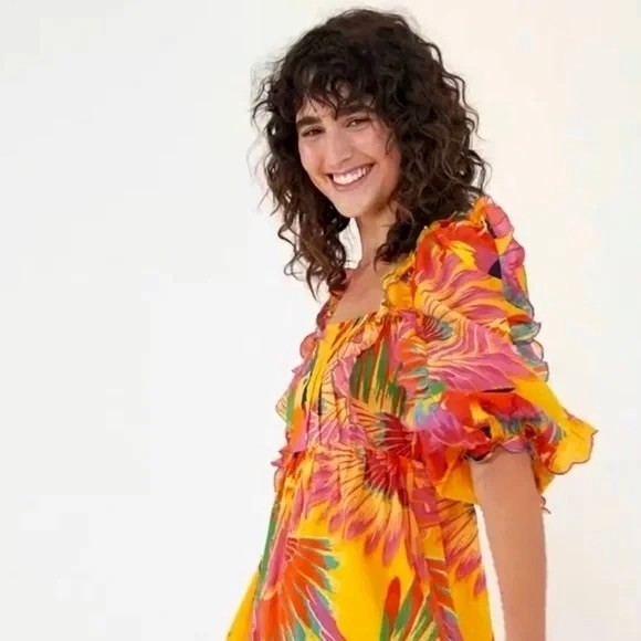 FARM RIO Colorful Toucans Scallops Midi Dress Birds Vacation Embroidered X-Large