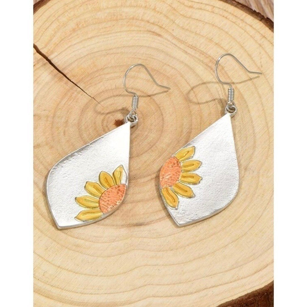 NEW! Boho Silver Retro Sunflower Rhombus Shaped Earrings Dangle Drop Floral
