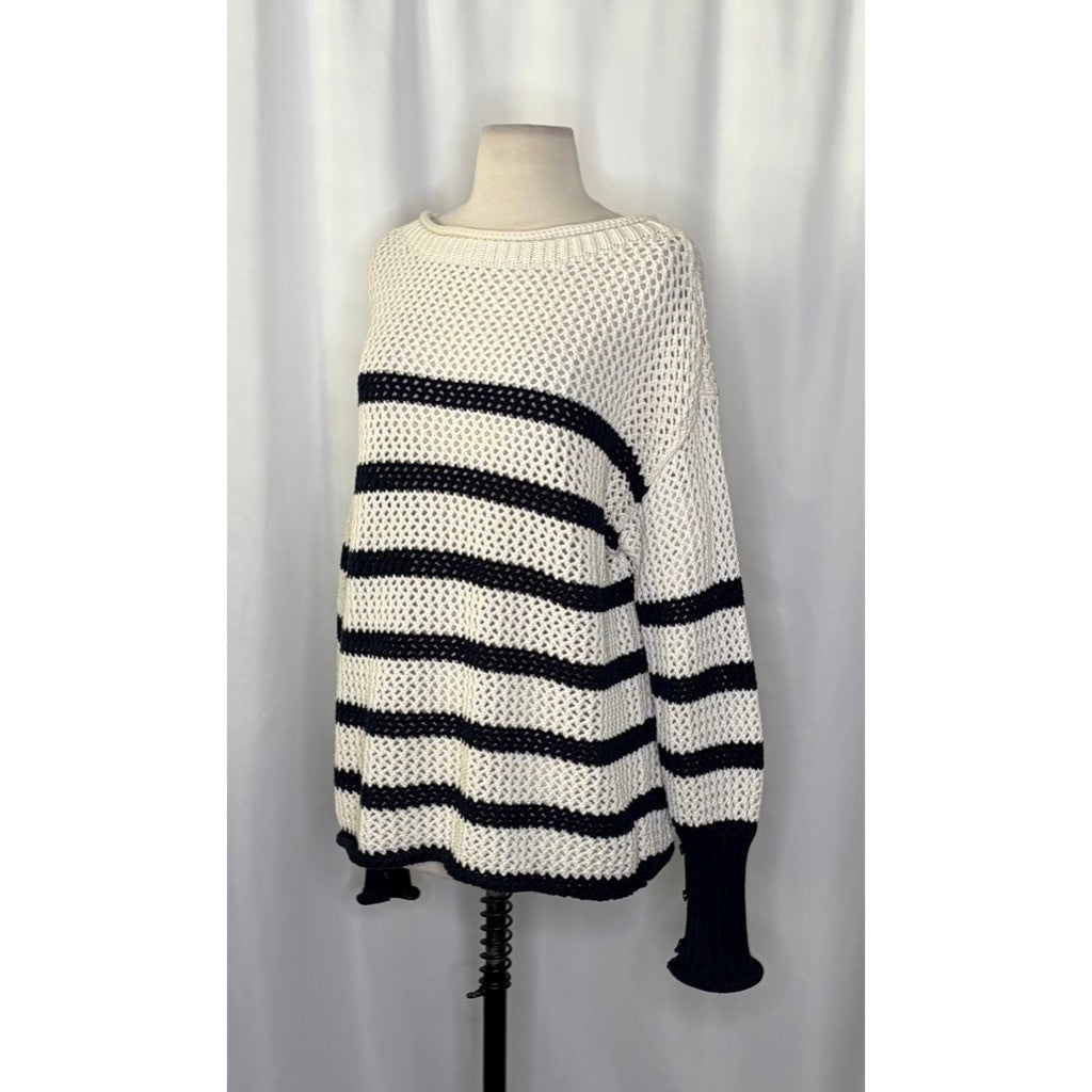 NWT!! ZARA Navy Ivory Striped Pullover Sweater Open Knit Nautical X-Small Small