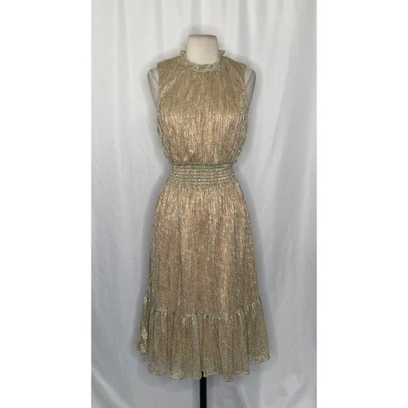 DRAPER JAMES Gold Metallic Smocked Sleeveless Dress Party Holidays Medium