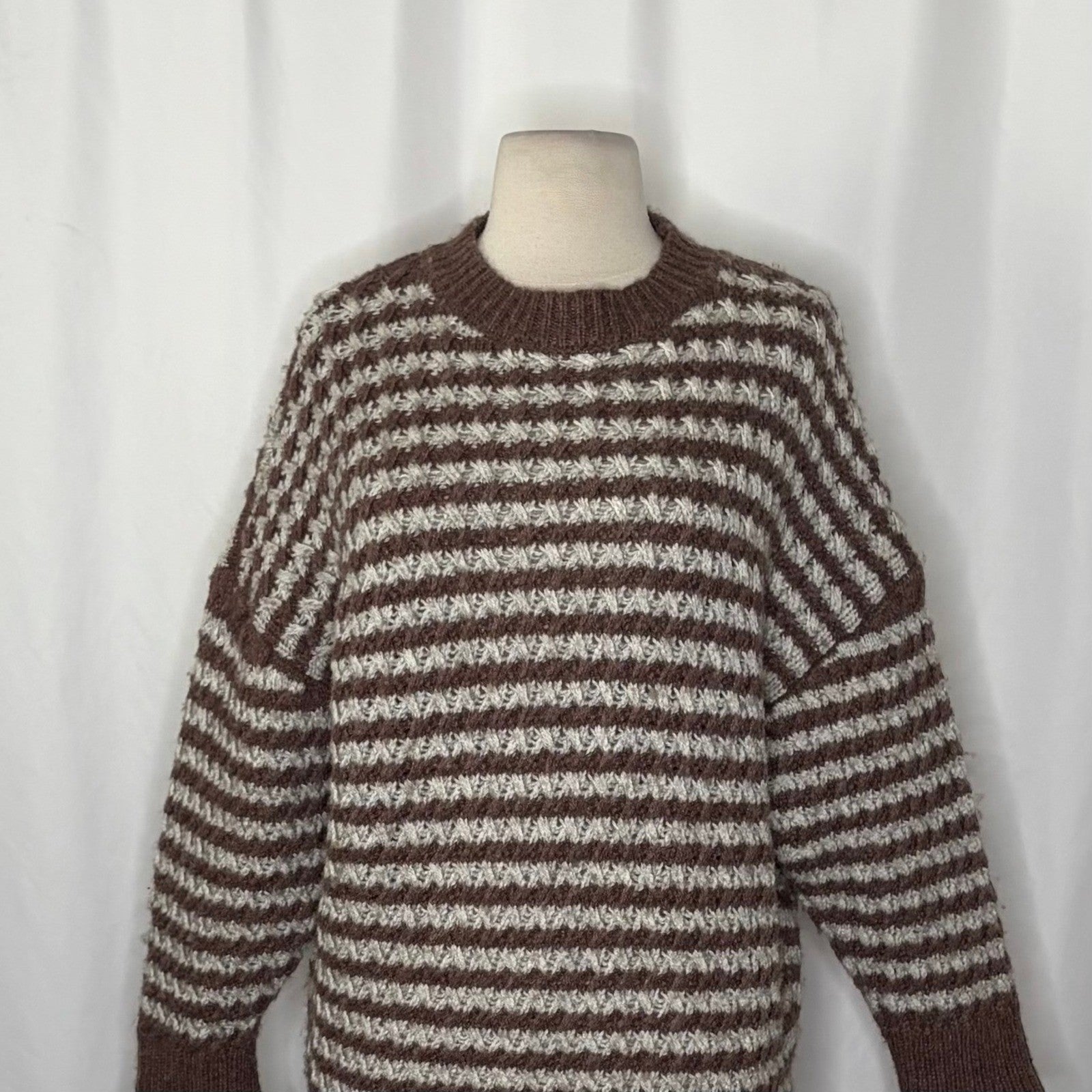ZARA Wool Chunky Knit Oversized Sweater Brown Grey Stripes Pullover Knit Small