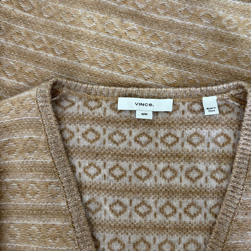 VINCE Cashmere Fair Isle V Neck Sweater Sandshell Combo Preppy Pullover Medium