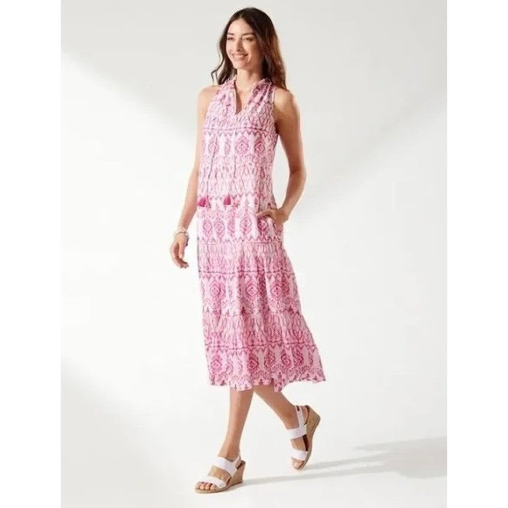 TOMMY BAHAMA Ikat Tropics Passion Pink White Midi Dress Cotton Voile Small