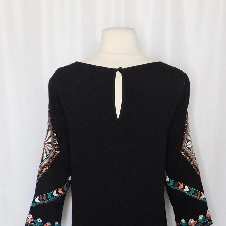 ELLA MOSS Embroidered Joss Shift Dress Retro Black Metallic Boho X-Small