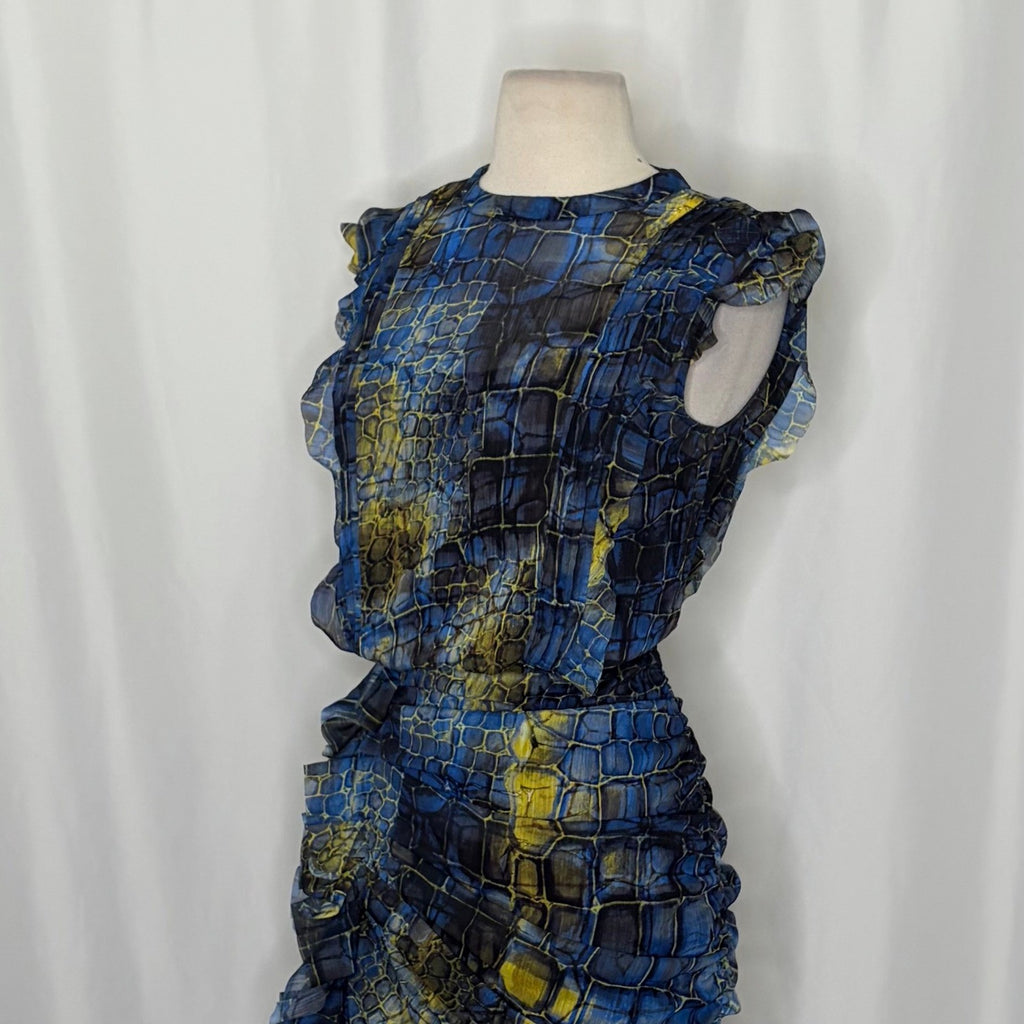 ALL SAINTS Hali Mirus Mini Dress Snakeskin Yellow Blue Ruffled Allsaints Size 4