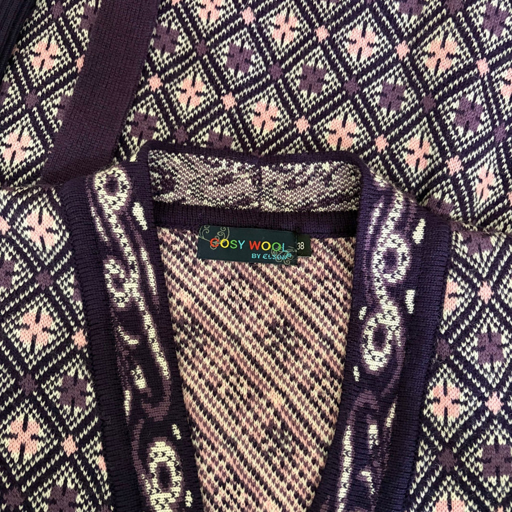 COSY WOOL by Elson Purple Geometric Cardigan Sweater Belted Tie Waist Size 38