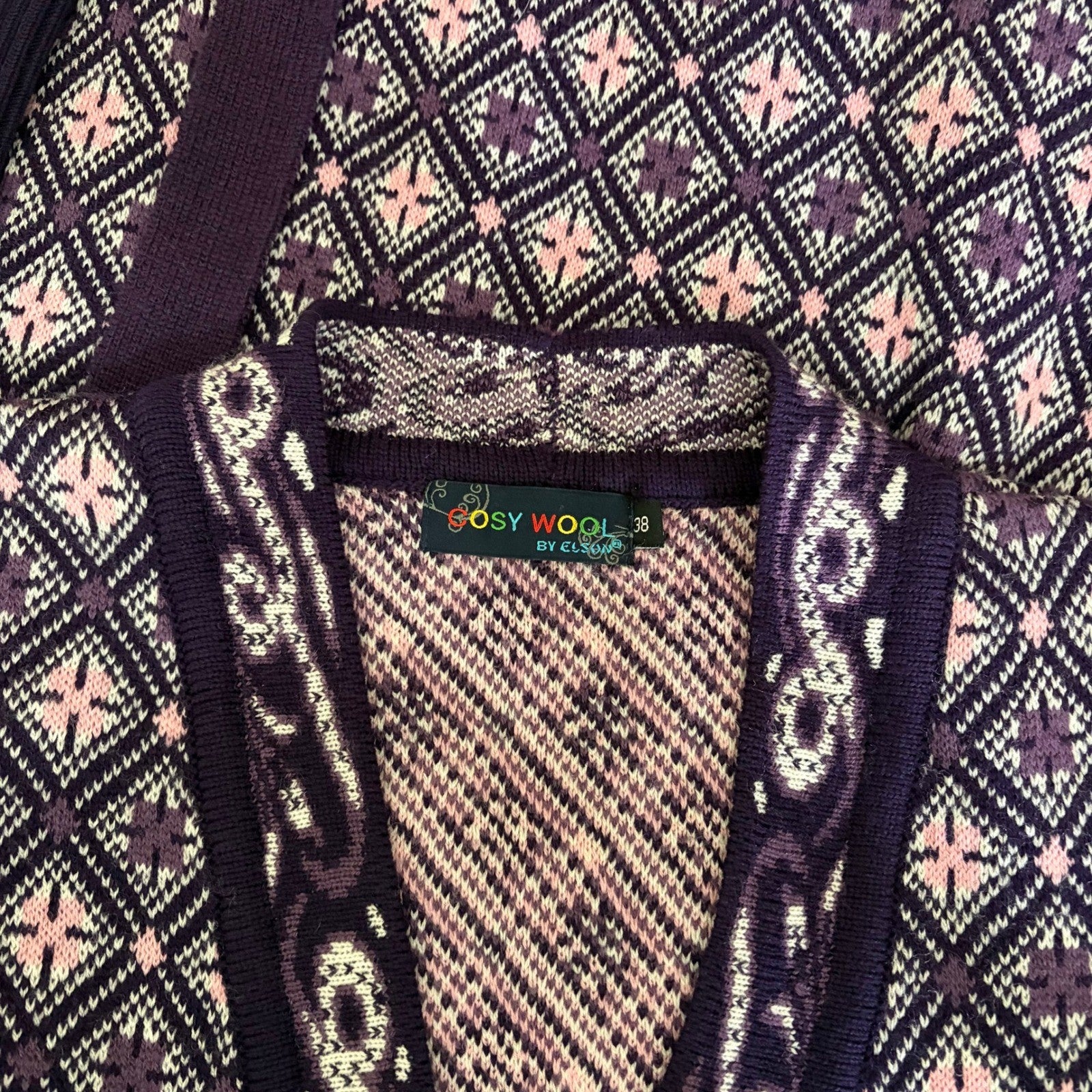 COSY WOOL by Elson Purple Geometric Cardigan Sweater Belted Tie Waist Size 38