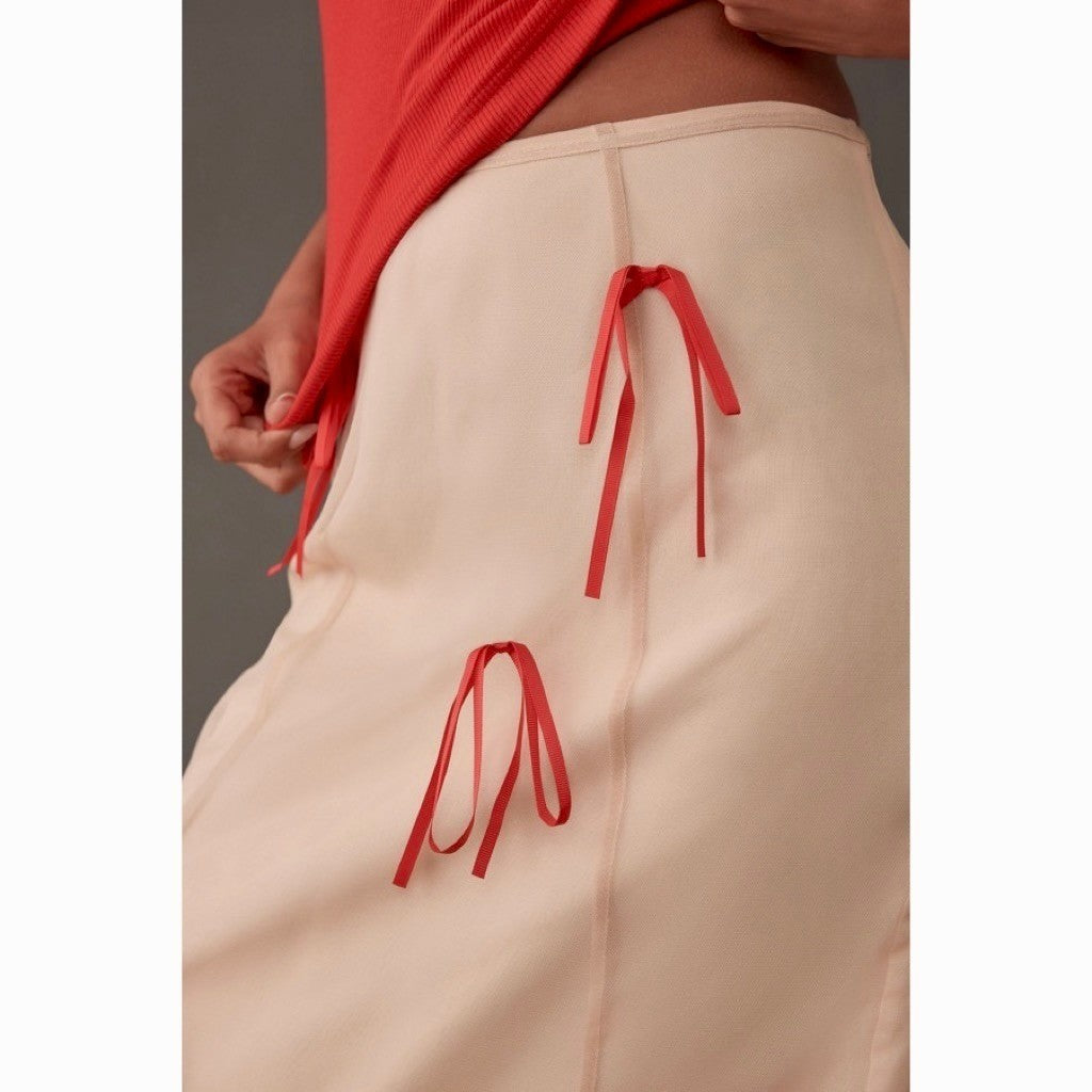 Anthropologie MAEVE Ribbon Pencil Midi Skirt Tulle Ivory Red Coquette 12 Petite