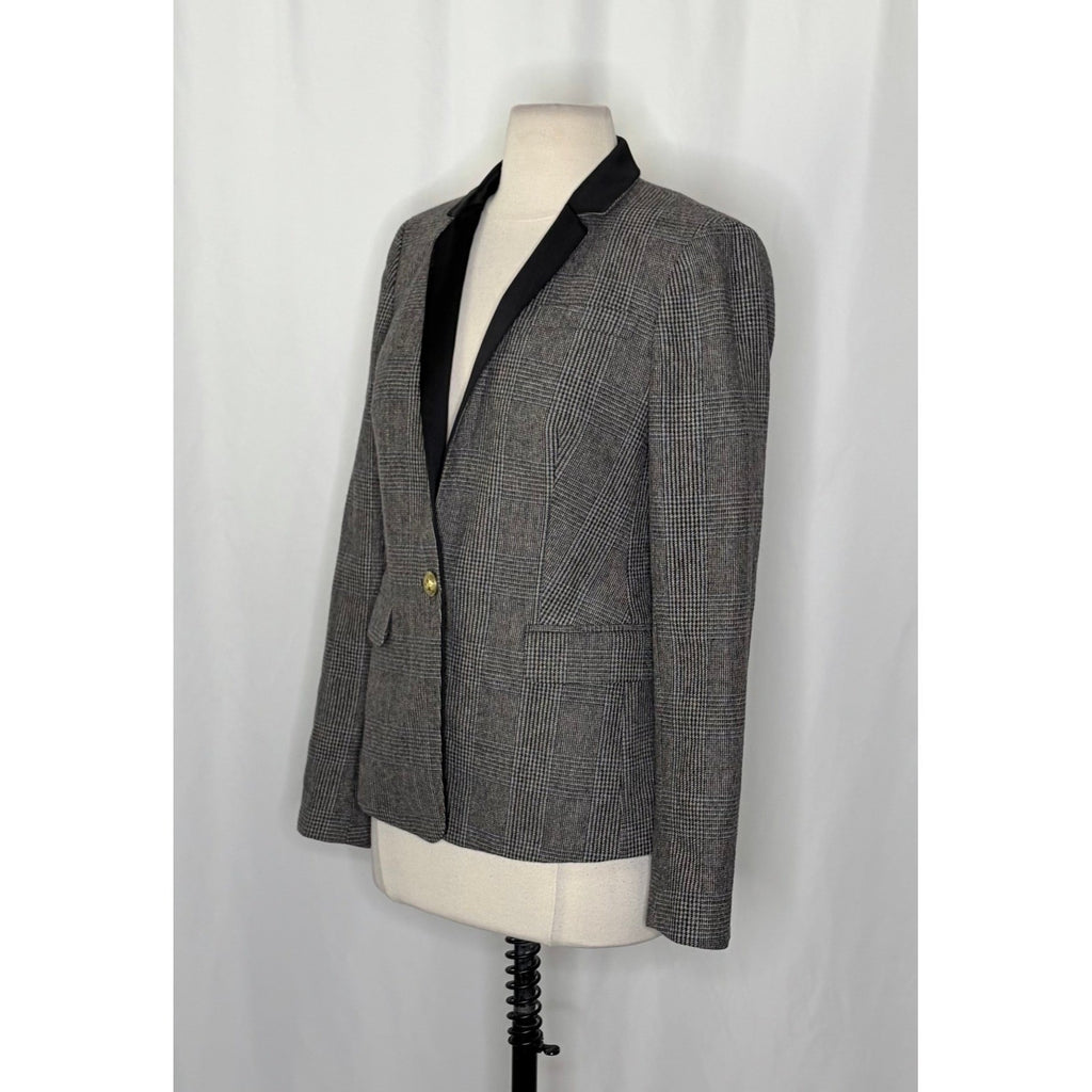 J. CREW Wool Regent Blazer Plaid Satin Lapels Houndstooth Black Gray Size 6