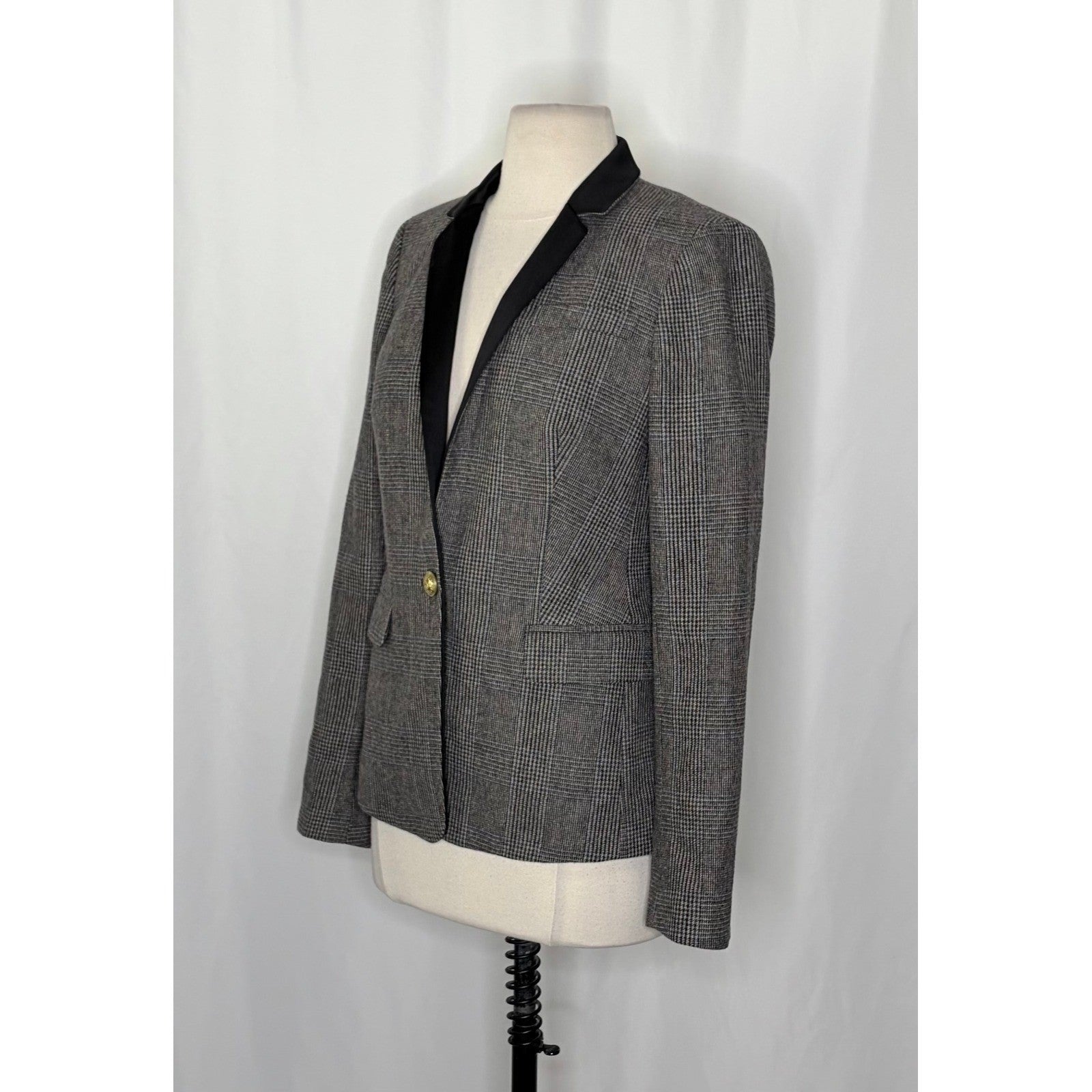 J. CREW Wool Regent Blazer Plaid Satin Lapels Houndstooth Black Gray Size 6