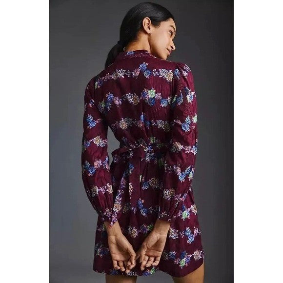 BY ANTHROPOLOGIE Mini Tunic Long Sleeve Dress Floral Lace Trims Purple X-Small