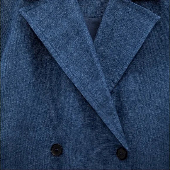 ZARA Limited Edition Linen Coat Buttons Pockets Double Breasted Blue X-Small