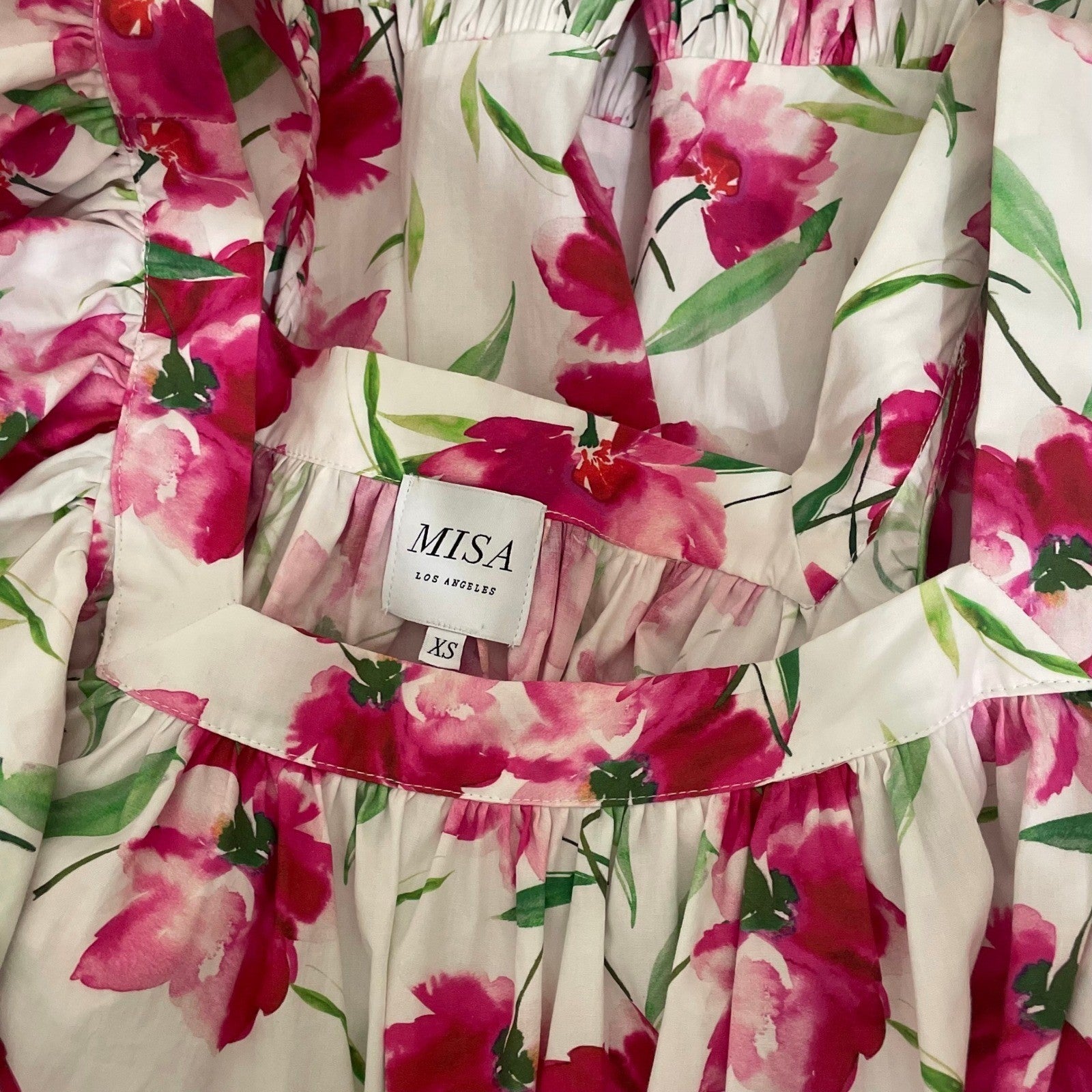 MISA Los Angeles Selma Floral Dress Ruffled A-Line Mini White Pink X-Small