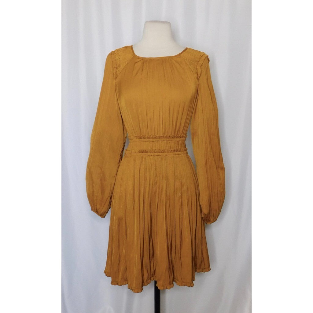 NWT!! Anthropologie MAEVE Saniya Mini Dress Solid Gold Pleated Flirty Small