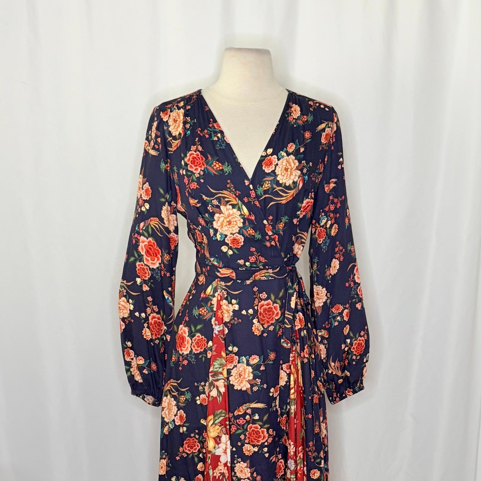 Anthropologie FARM RIO Gracia Wrap Maxi Dress Floral Birds Bohemian X-Small