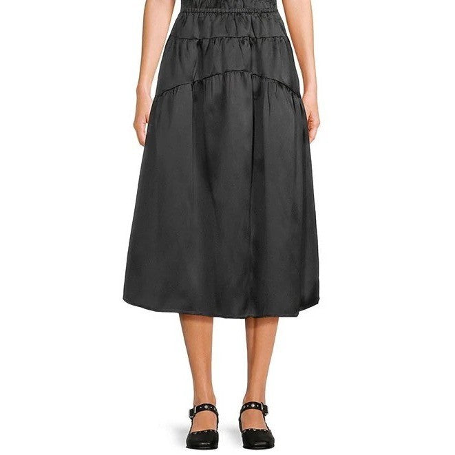 NWT!! MOD REF Black Taffeta Midi Tiered Skirt Solid Elastic Waist X-Small