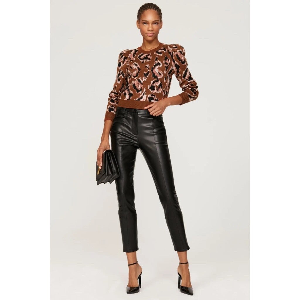 DEREK LAM Collective Brown Animal Print Sweater Leopard Puff Sleeves Large