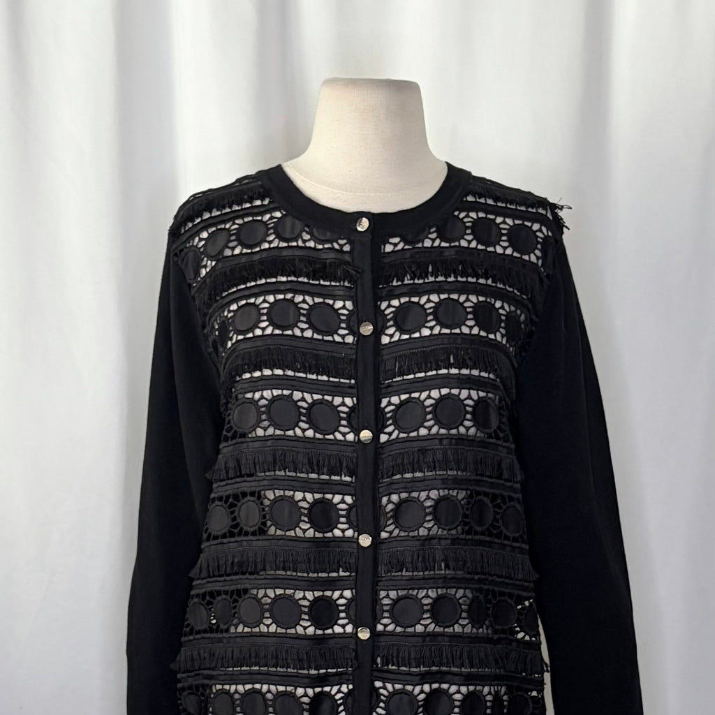 NWT!! TED BAKER London Ellenii Circle Fringe Lace Knit Cardigan Black Size 5 XL