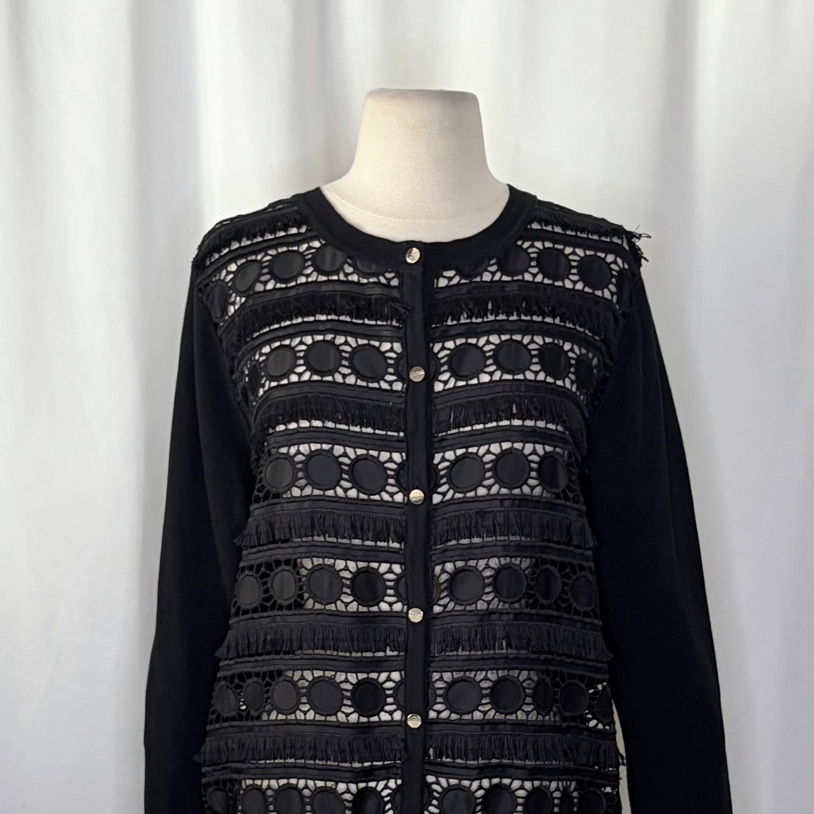 NWT!! TED BAKER London Ellenii Circle Fringe Lace Knit Cardigan Black Size 5 XL