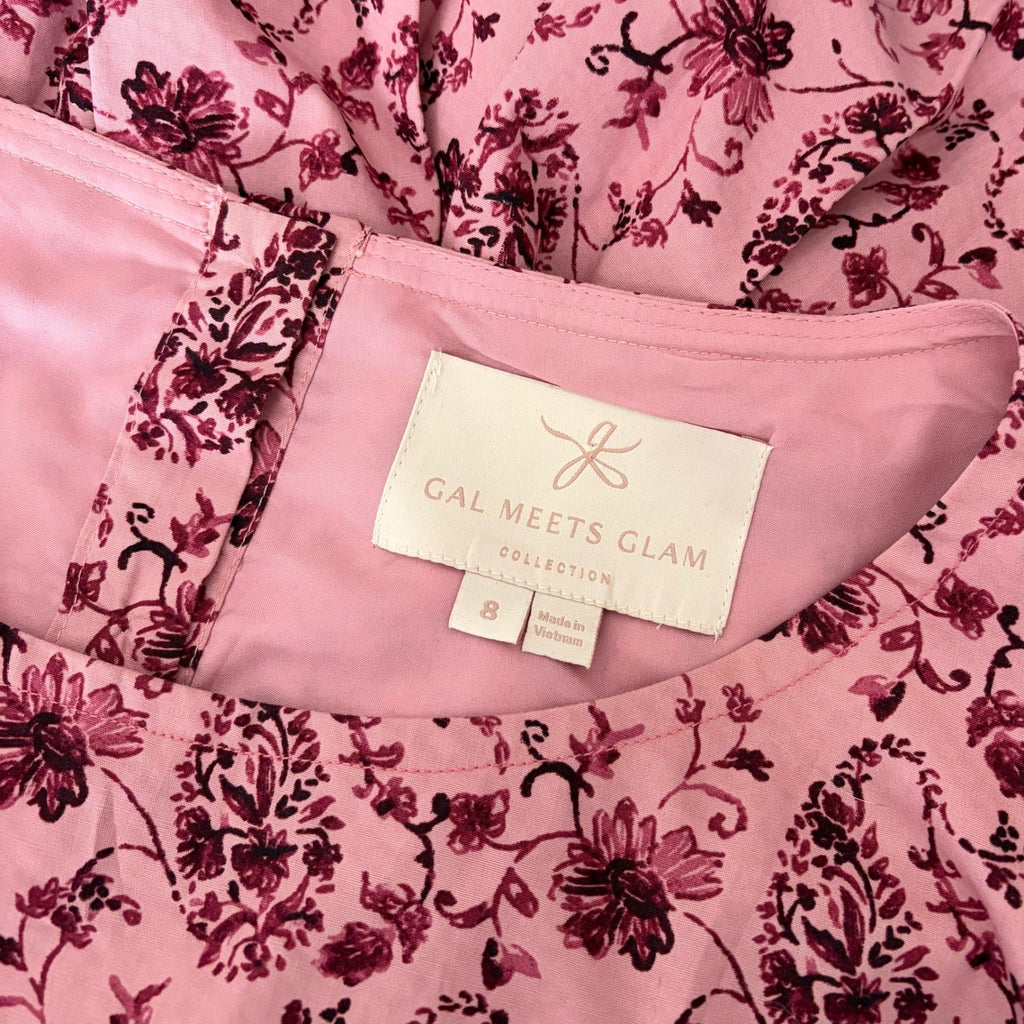 GAL MEETS GLAM Hallie Dress Paisley Floral Pink Purple Box Pleats Pockets Size 8