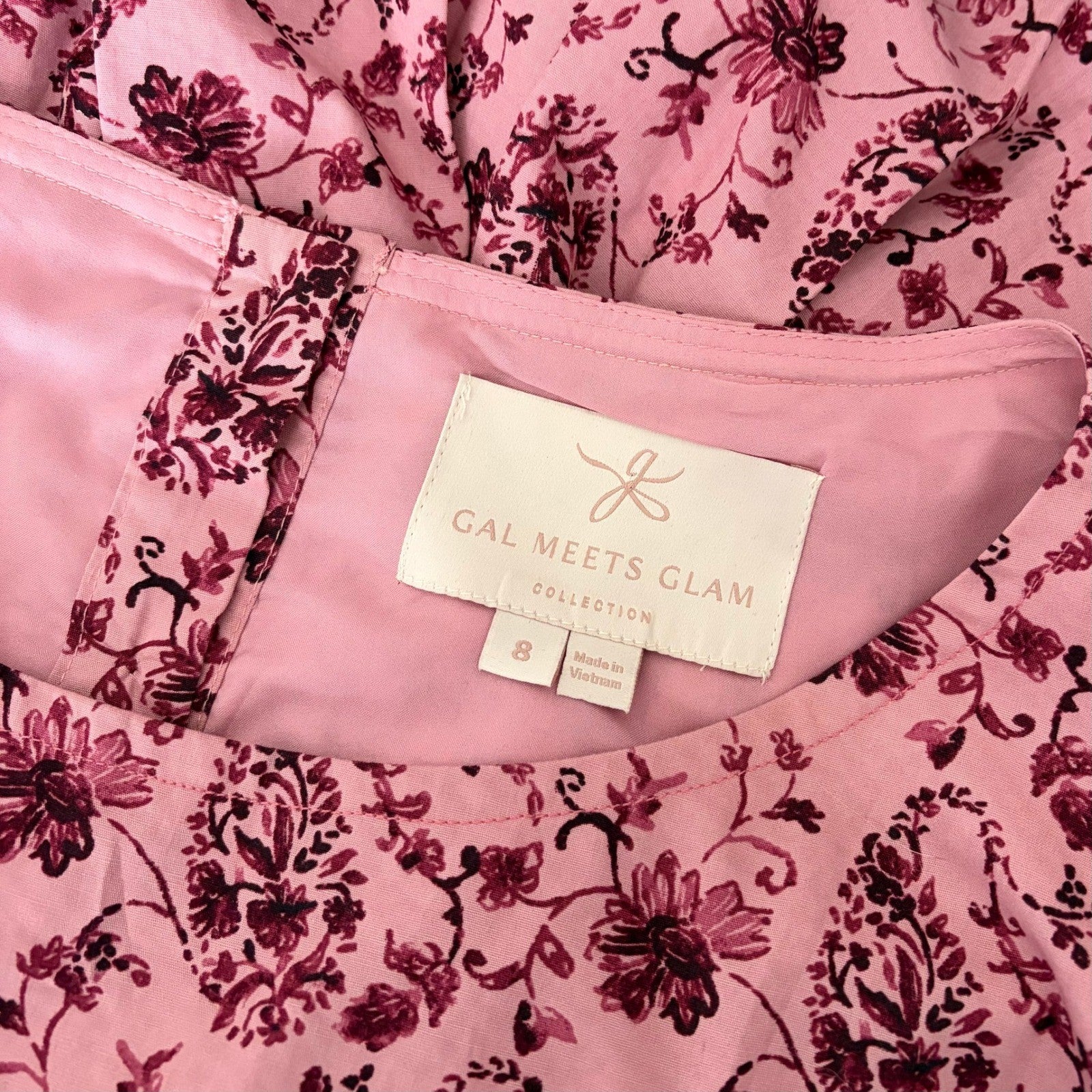 GAL MEETS GLAM Hallie Dress Paisley Floral Pink Purple Box Pleats Pockets Size 8