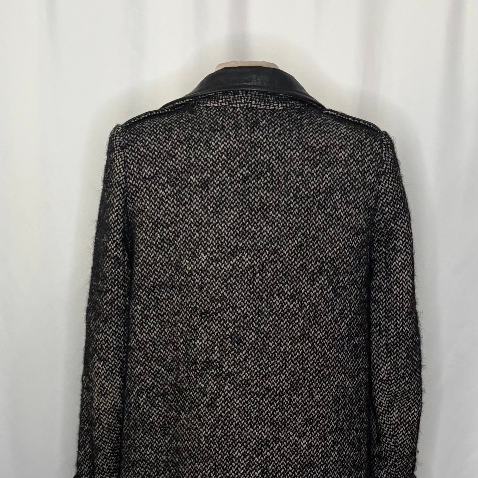 MAJE Ribiera Leather Tweed Coat Moto Inspired Pockets Zipper Size 38 US Medium
