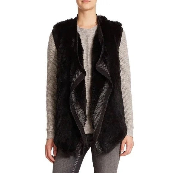 VINCE Rex Rabbit Fur Drape Front Sweater Vest Mixed Materials Knit Back X-Small