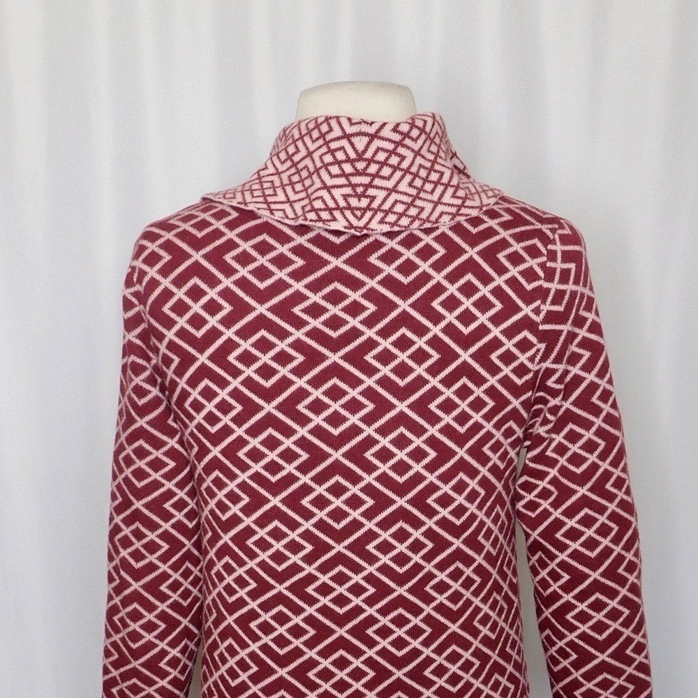 Anthropologie MOTH Galena Cowl Neck Sweater Maroon Pink Jacquard Geometric Small