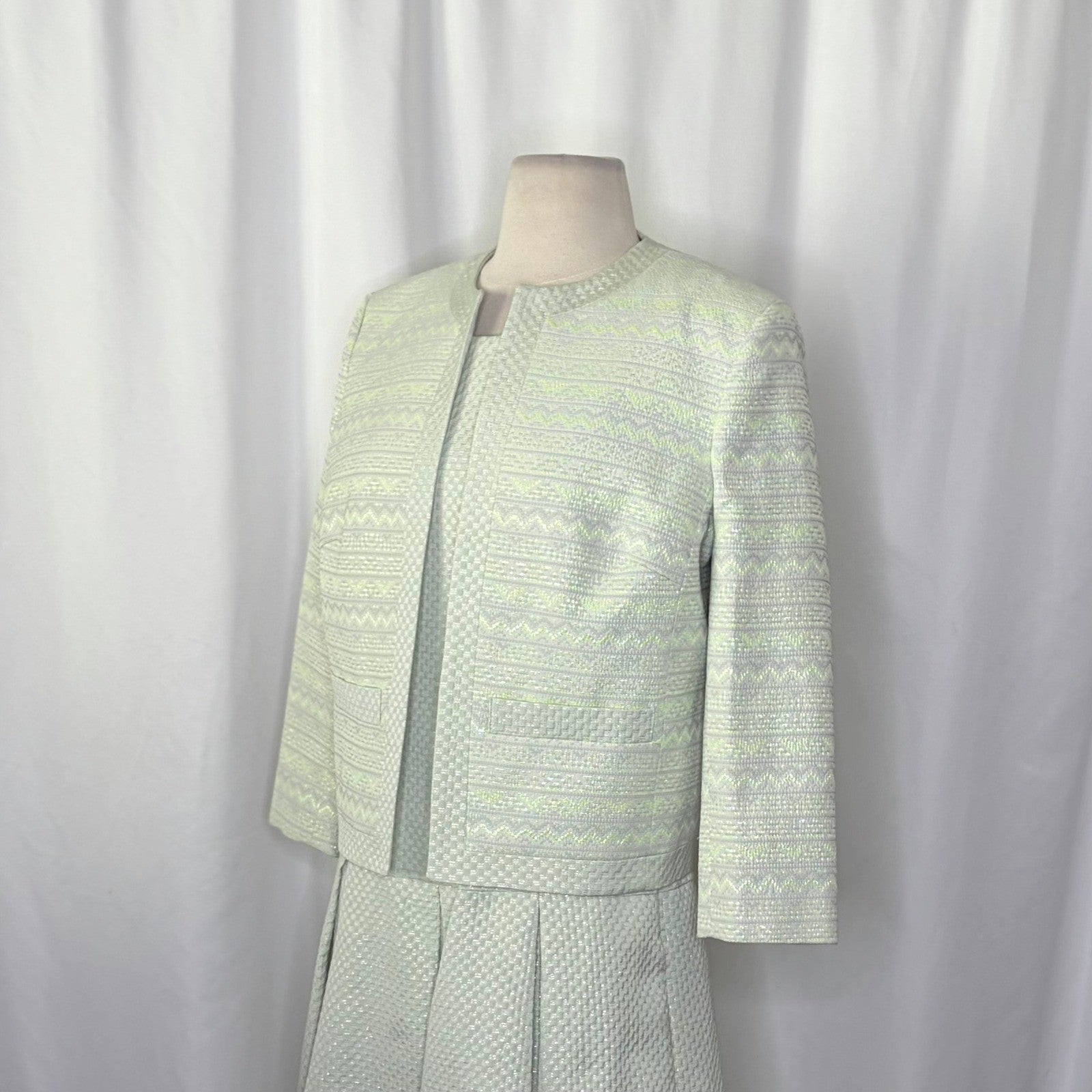 HELENE BERMAN Two Piece Set Blazer Dress Green Metallic Jacquard Size 8
