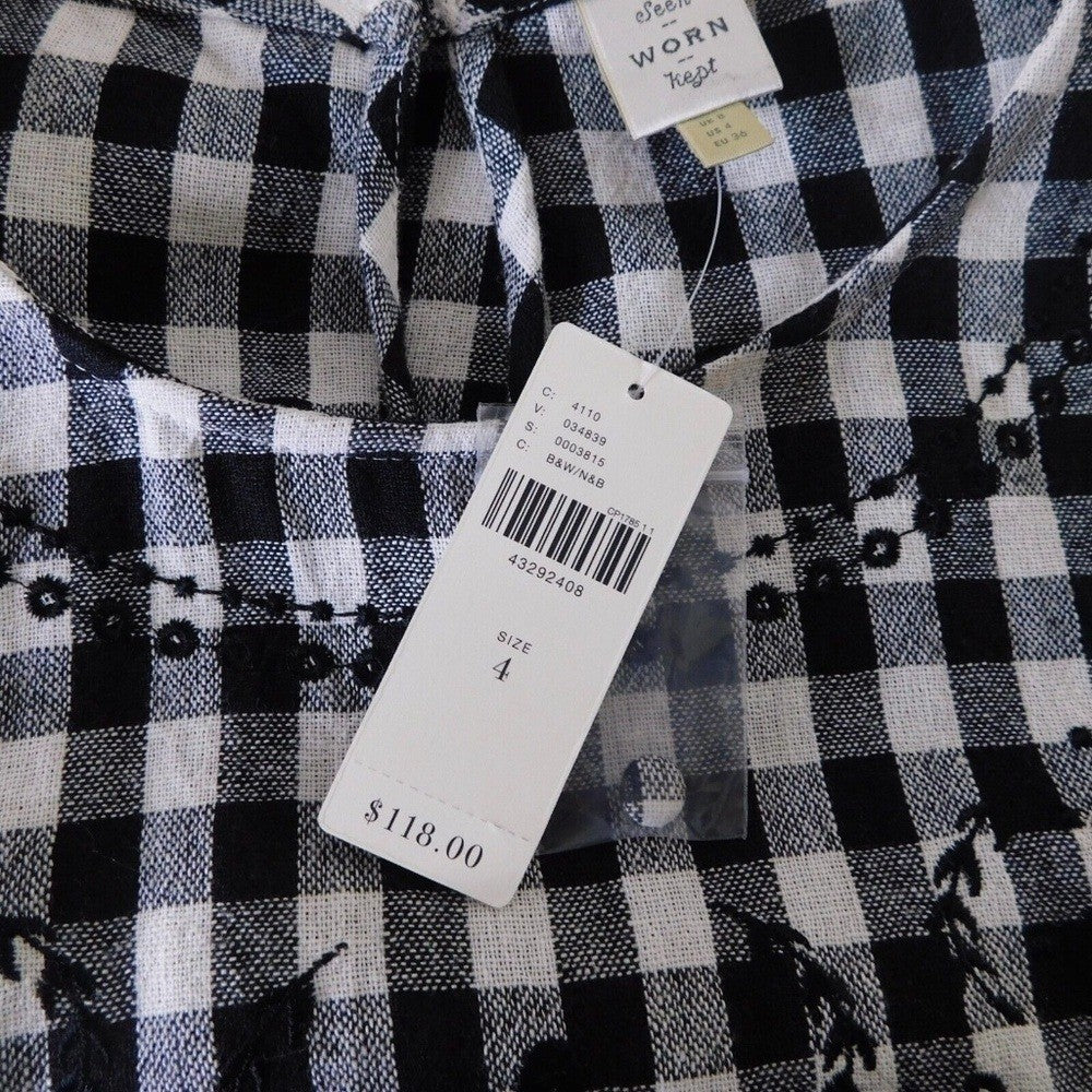 NWT!! Anthropologie SEEN WORN KEPT Black & White Gingham Top Embroidered Size 4