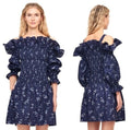 Revolve REBECCA TAYLOR Francine Off Shoulder Dress Floral Smocked Navy Blue 0