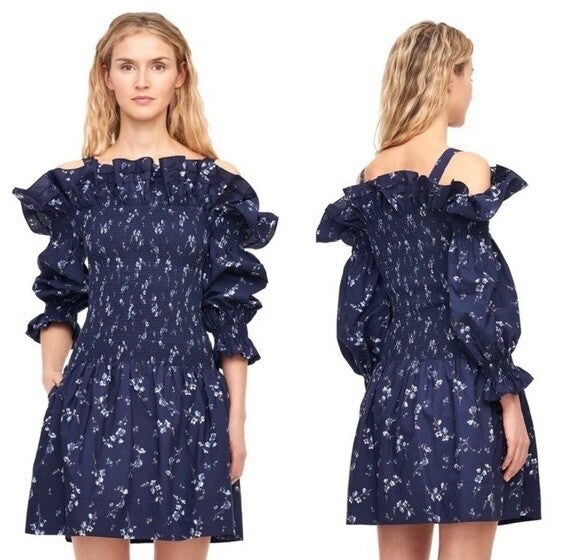 Revolve REBECCA TAYLOR Francine Off Shoulder Dress Floral Smocked Navy Blue 0