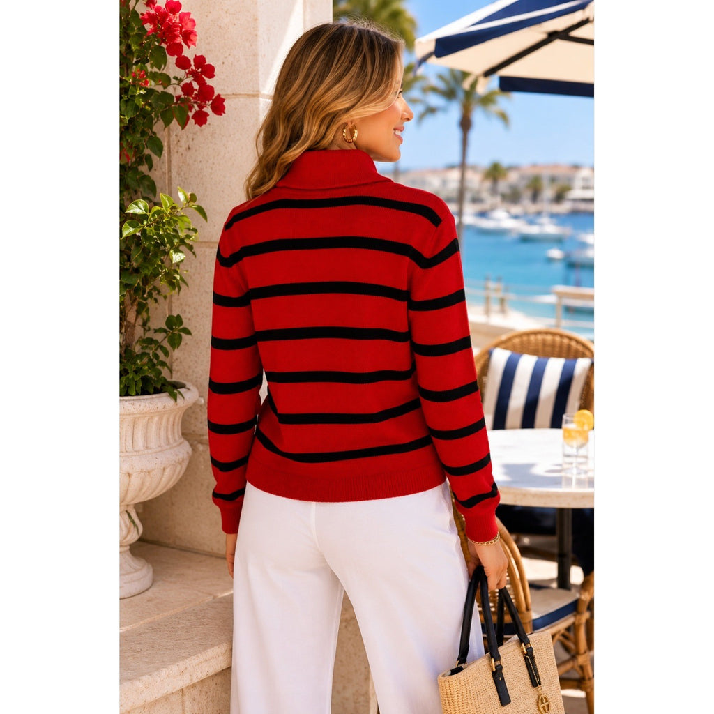 Lauren RALPH LAUREN Red Navy Blue Stripe Shawl Collar Sweater Knit Medium