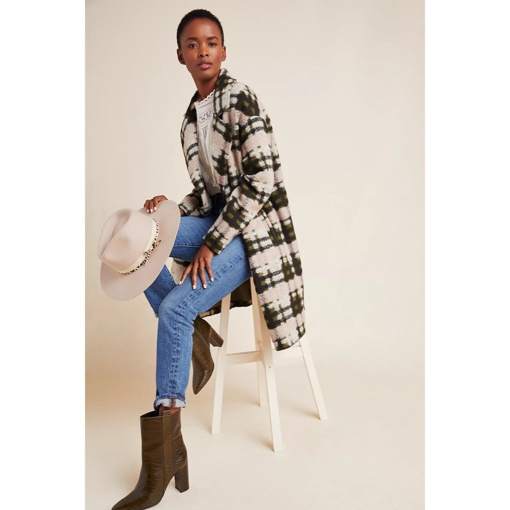 Anthropologie EVA FRANCO Dean Plaid Coat Wool Blend Pockets Double Breast Small