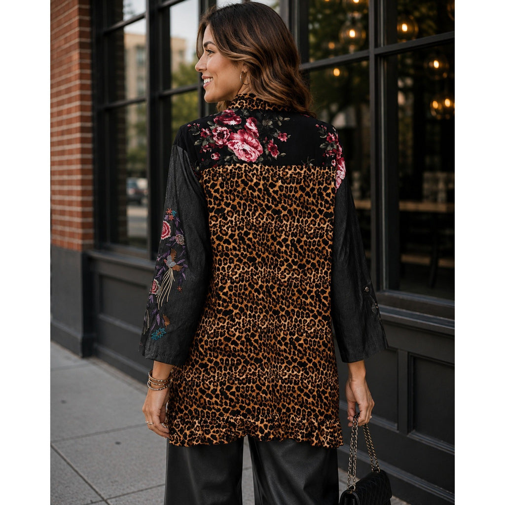 NWT!! CALESSA Embroidered Floral Leopard Print Buttondown Top Blouse Size 3X