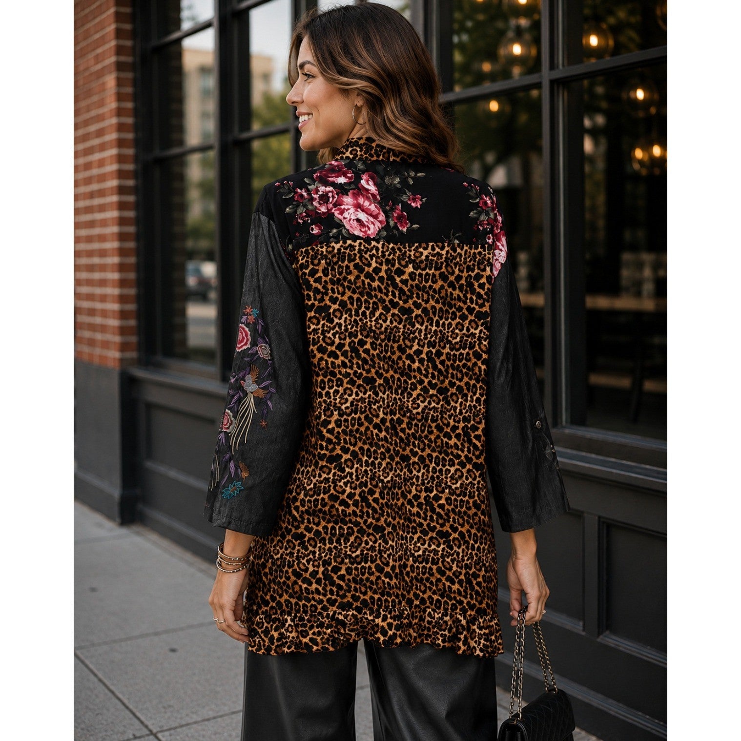 NWT!! CALESSA Embroidered Floral Leopard Print Buttondown Top Blouse Size 3X