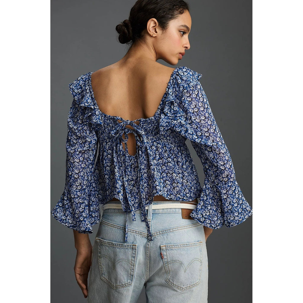Anthropologie MAEVE Square Neck Sheer Babydoll Top Blue White Floral Large