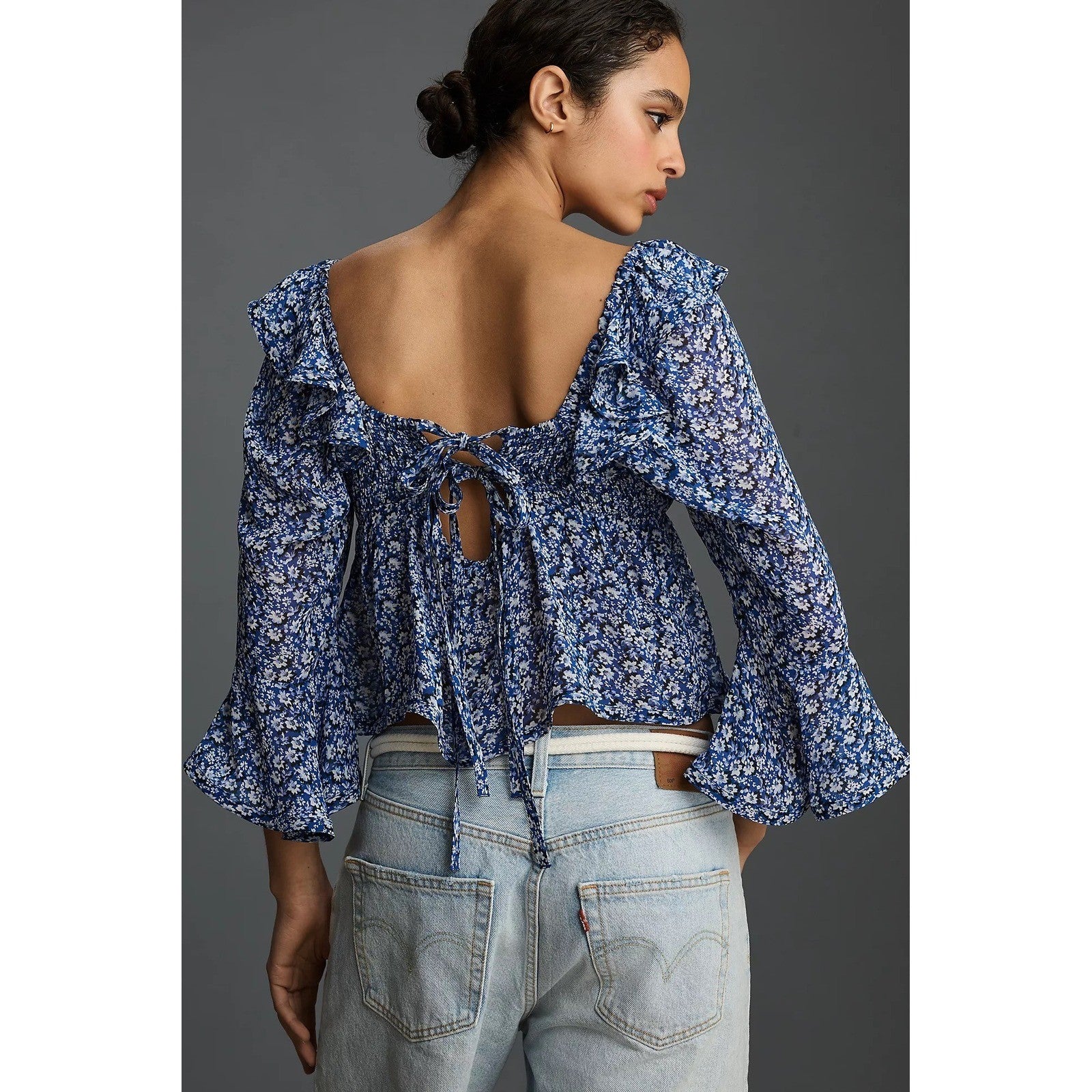 Anthropologie MAEVE Square Neck Sheer Babydoll Top Blue White Floral Large