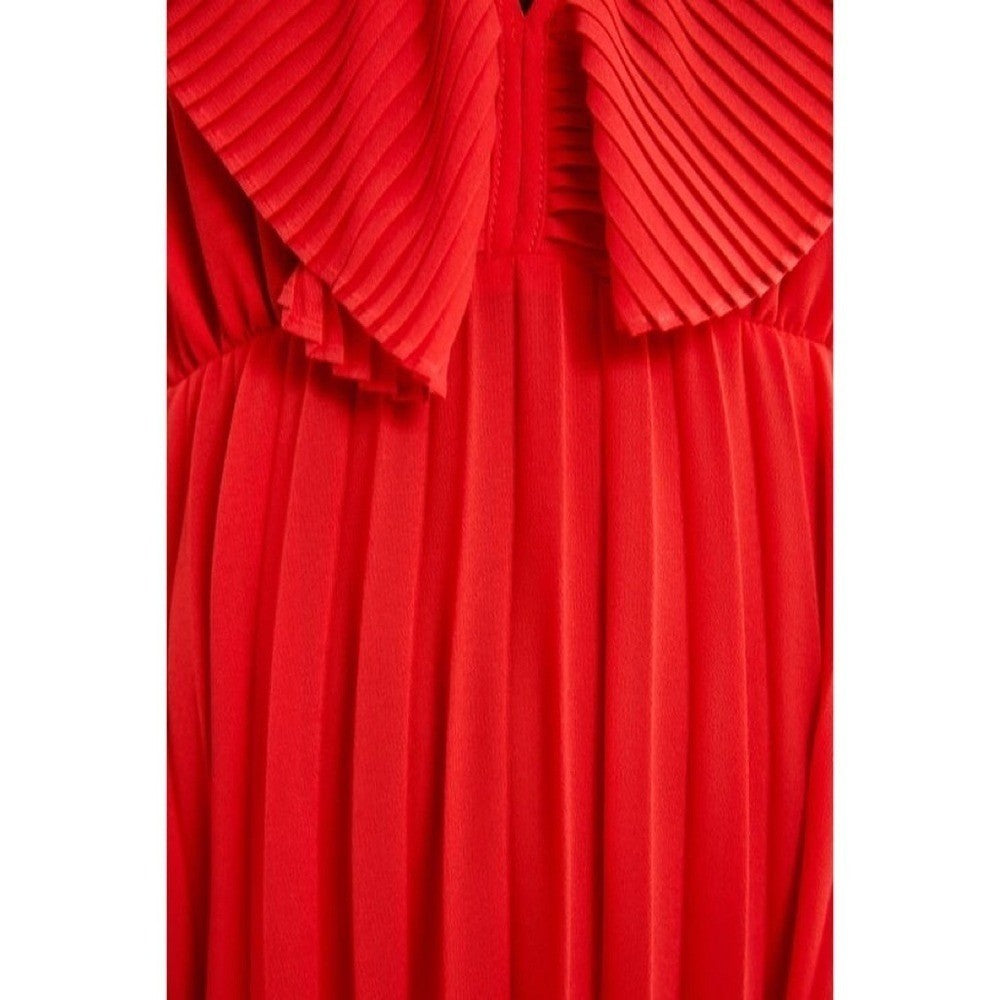 ZARA Pleated Ruffled Red Maxi Dress Plunge V Neckline Valentine 2731/060 Medium