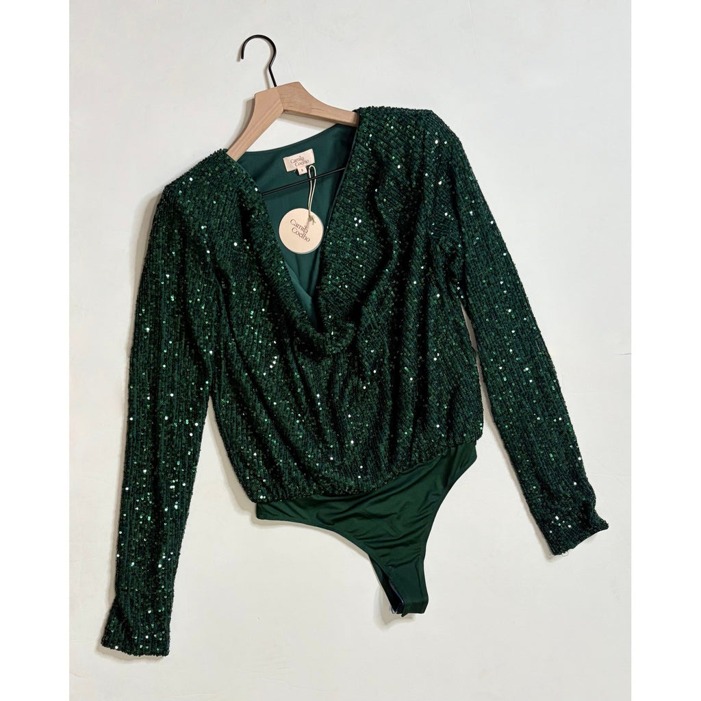 NWT!! Revolve CAMILA COELHO Green Sequin Cece Bodysuit Draped Neckline Small