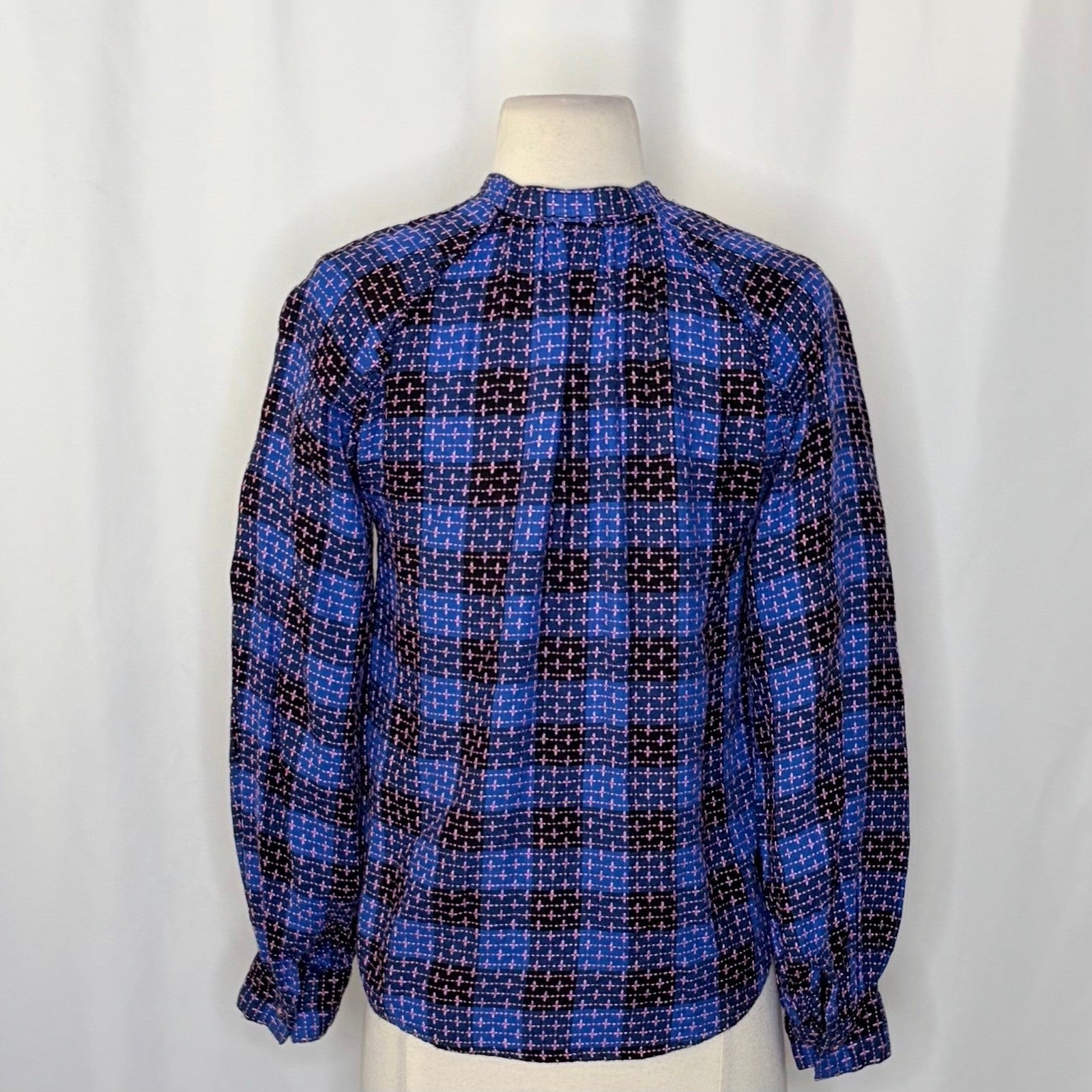 Anthropologie PILCRO Embroidered Plaid Buttondown Blue Pink Plaid Pocket X-Small