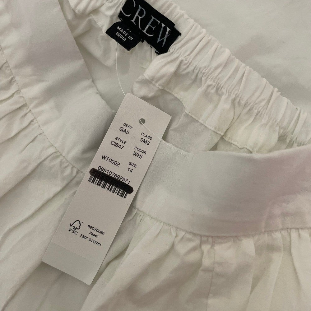 NWT!! J. CREW Contrast-Stitch Midi Skirt Cotton Poplin Solid White Navy Blue 14