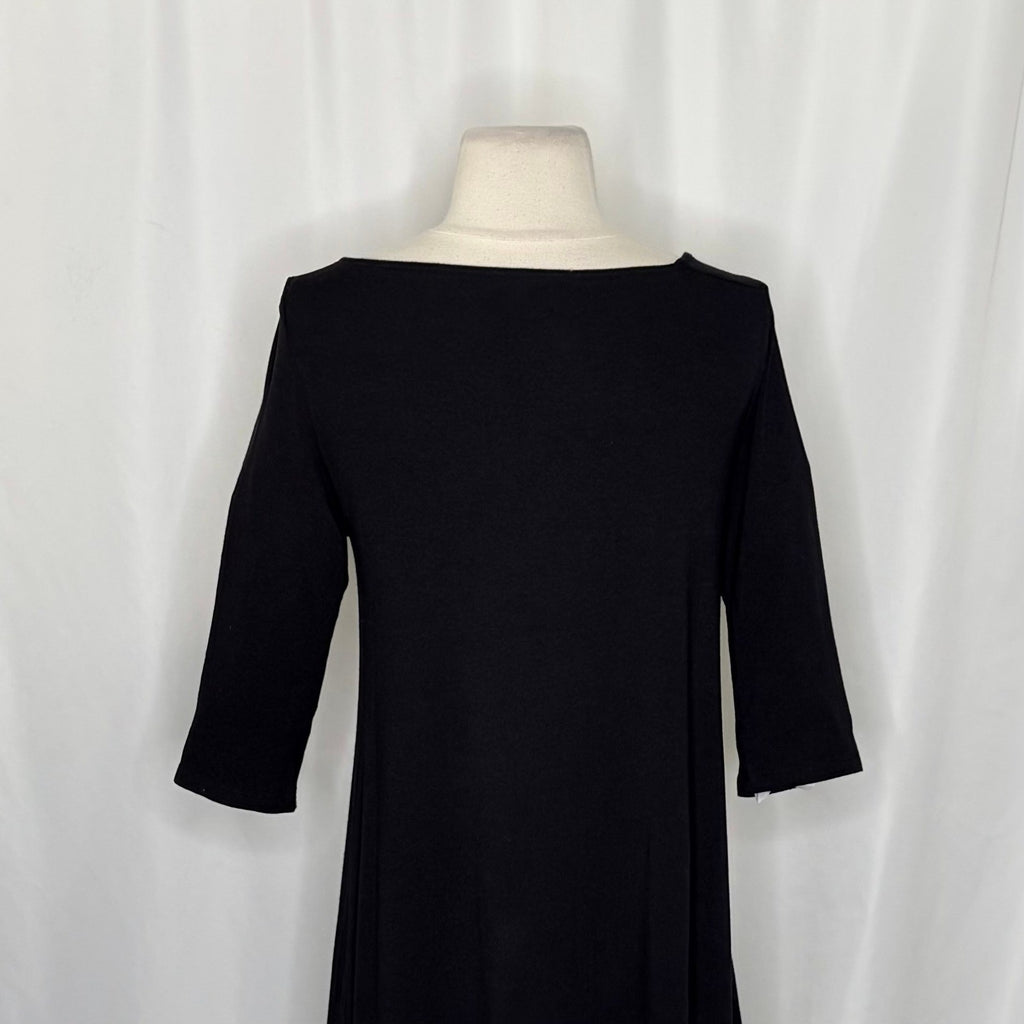 EILEEN FISHER Black Knit Shift Dress Half Sleeves Asymmetrical Neckline X-Small