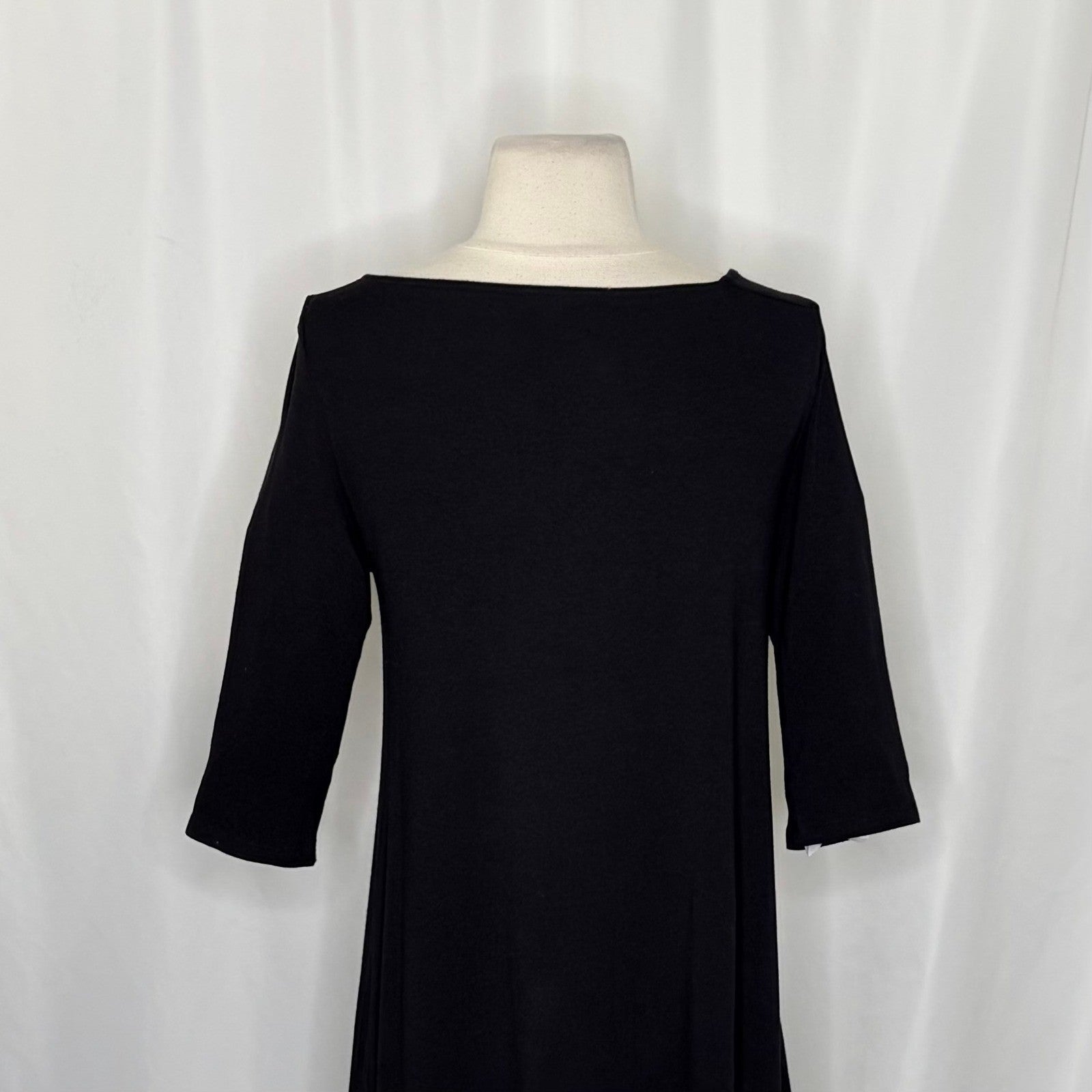 EILEEN FISHER Black Knit Shift Dress Half Sleeves Asymmetrical Neckline X-Small