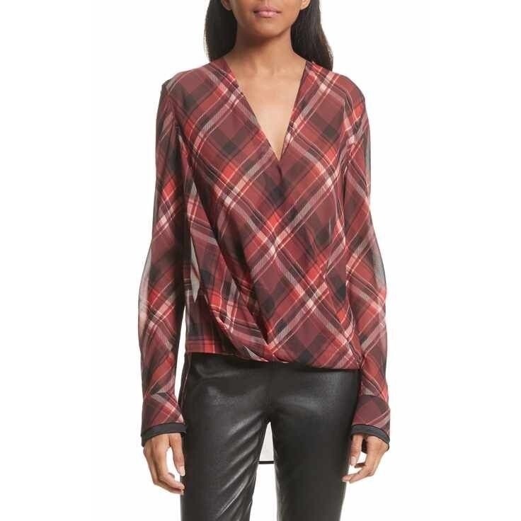 RAG & BONE Silk Victor Plaid Surplice Top Blouse Shirt Drapey High Low Medium