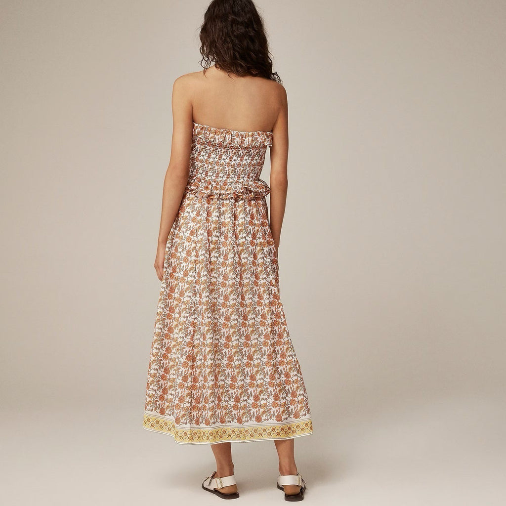 NWT!! J. CREW Ravenna Dress Sunset Rose Blockprint Floral Ramie Strapless Medium