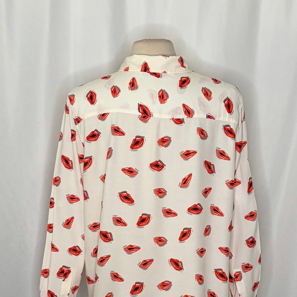 ZARA ZW Collection White Pink Lips Print Buttondown Top Blouse Lipstick X-Large