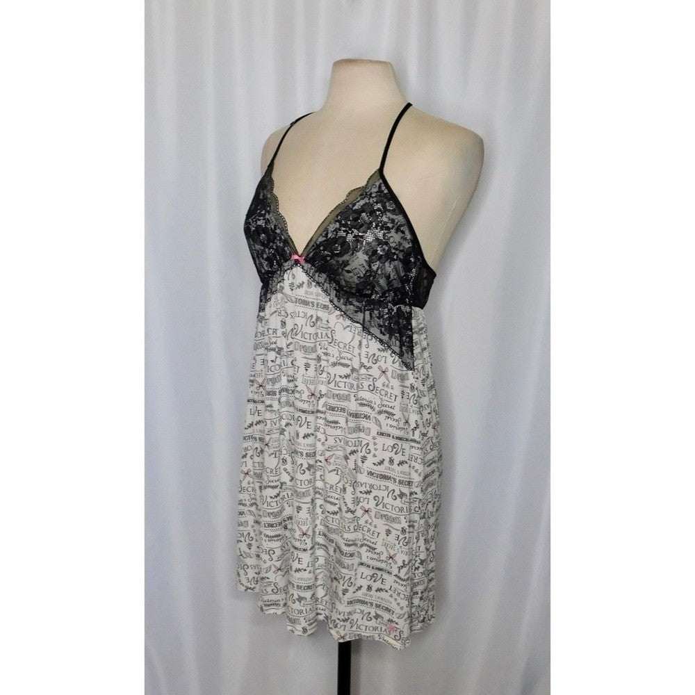 VICTORIA'S SECRET Black Floral Lace Script Print Chemise Gown Nightgown Large